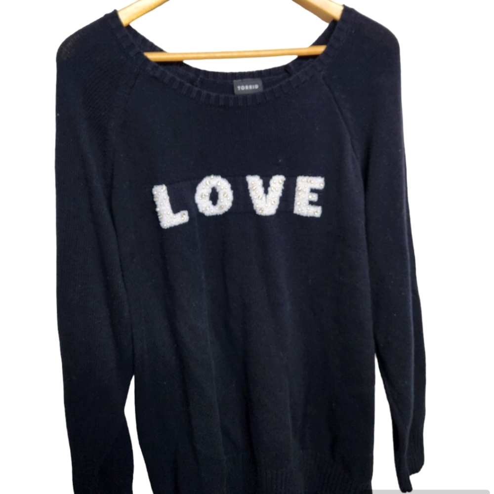 Torrid LOVE Sweater SZ 3 (22-24) 3X Black Knit Pullover Crewneck Rhinestones